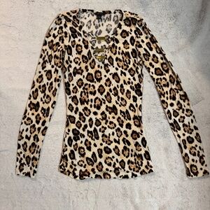 GUESS Cheetah Print Long Sleeve Ribbed Top, Size XXS, New Without Tags
